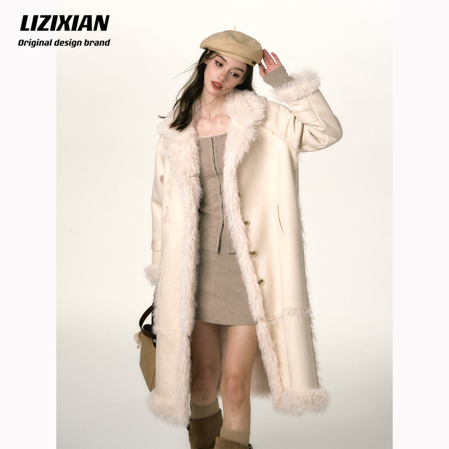 李梓仙LIZIXIAN原创设计仿羊羔毛皮毛一体中长款外套女冬季上衣厚