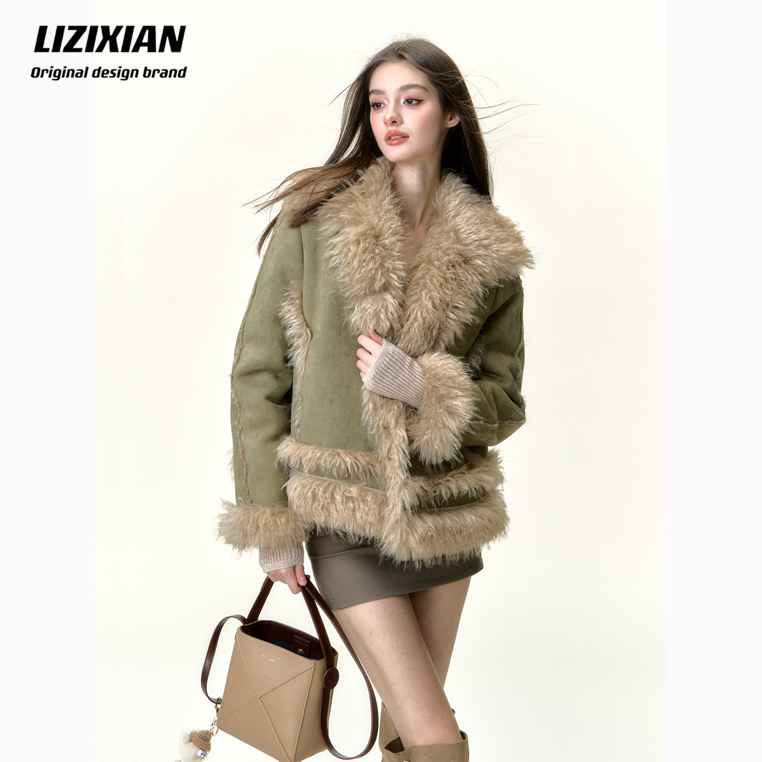 LIZIXIAN李梓仙原创复古绿时髦洋气绿皮仿毛一体加厚外套女厚