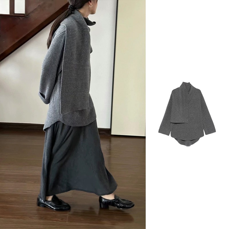 全新未使用  TOTEME 灰色围巾装饰宽松版针织毛衣 