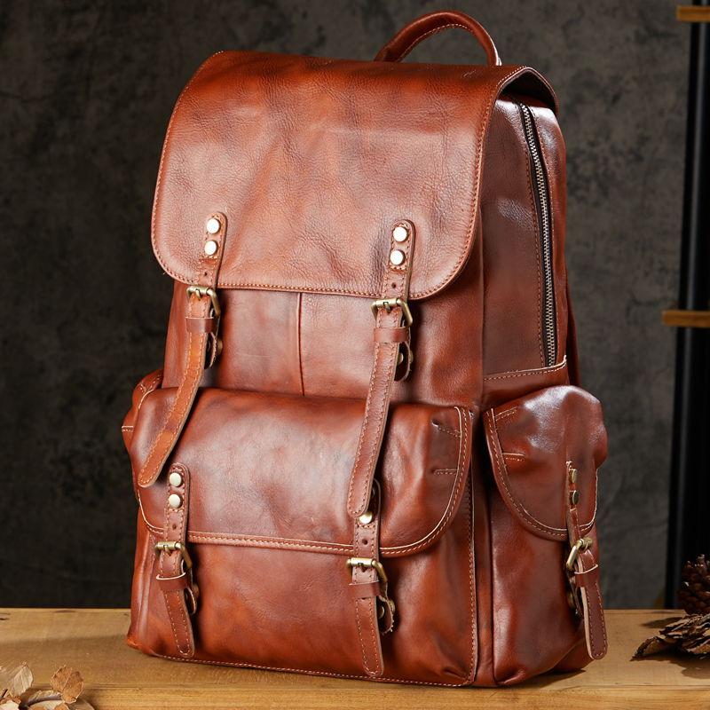 复古植鞣牛皮手工擦色男士双肩包时尚休闲大容量旅行背包电脑包潮