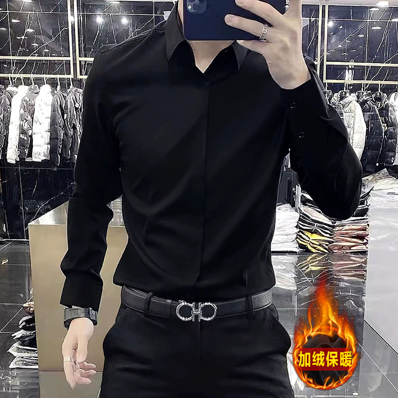 加绒保暖高端商务修身衬衫男士新款无痕微弹休闲时尚长袖衬衣男装
