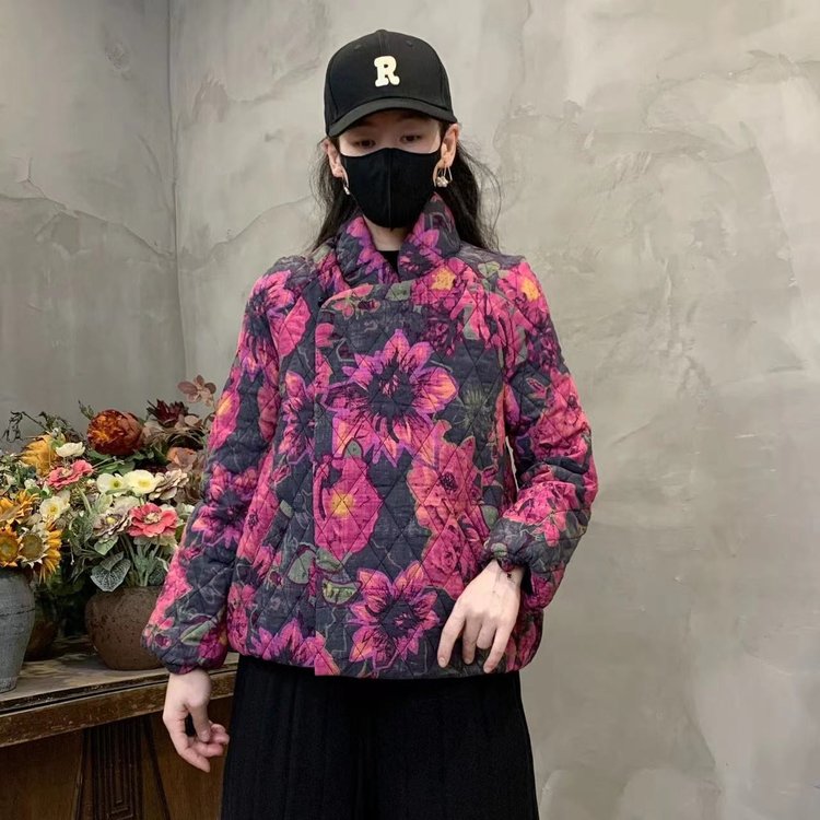 2025新款立领短款冬装棉衣年时尚洋气复古碎花棉服宽松外套上衣女