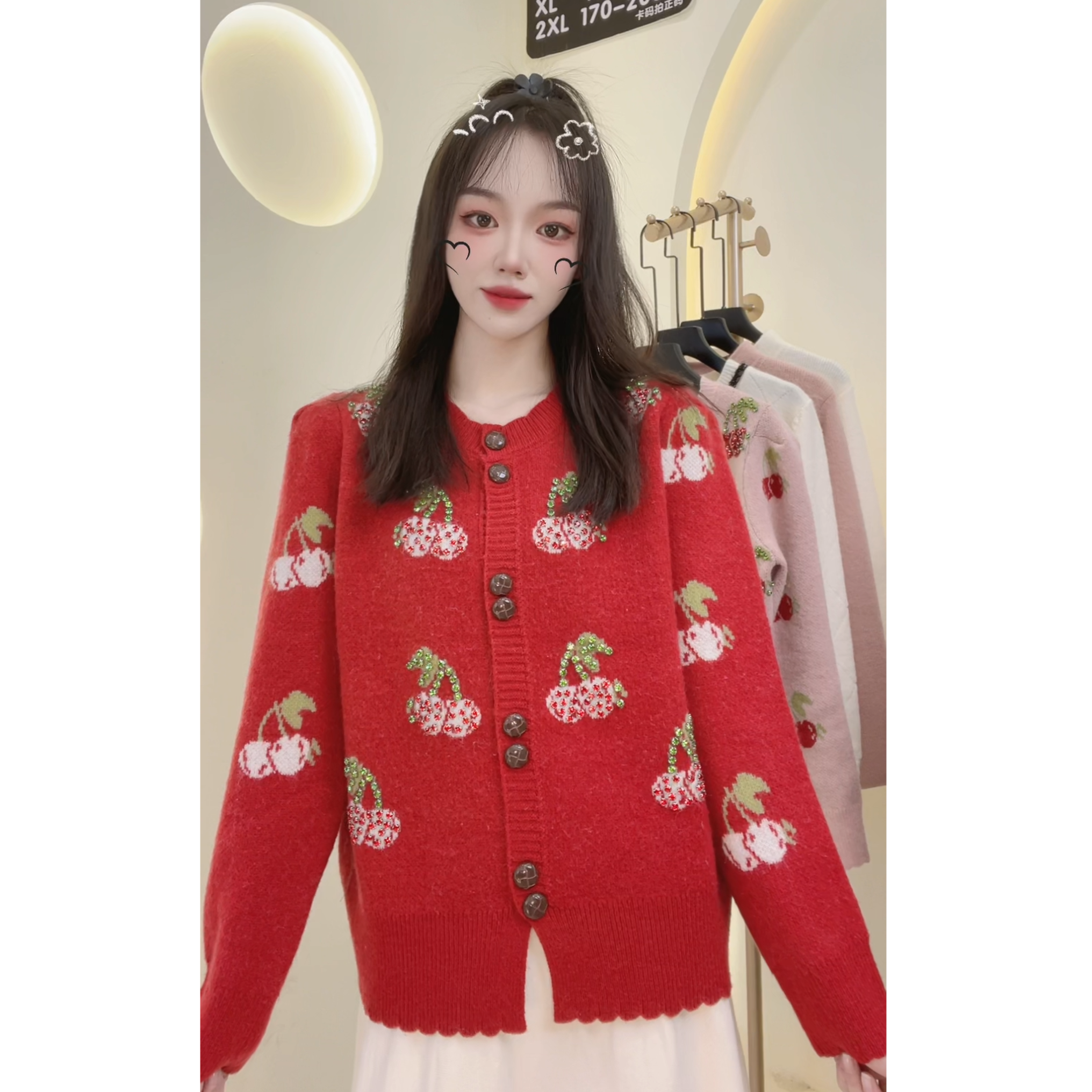 【精选大码女装80-200斤】重工钉钻樱桃显瘦百搭气质开衫上衣款1838