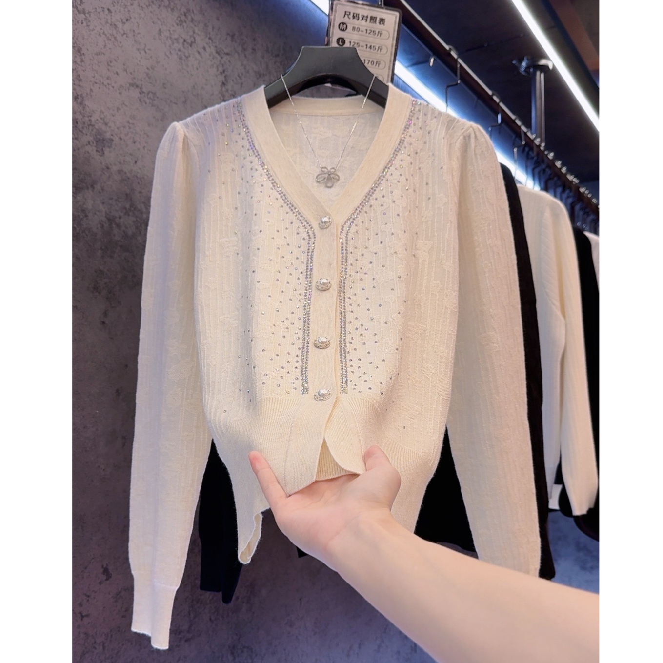 【定制大码女装80-200斤】重工提花烫钻甜美显瘦温柔V领开衫2007