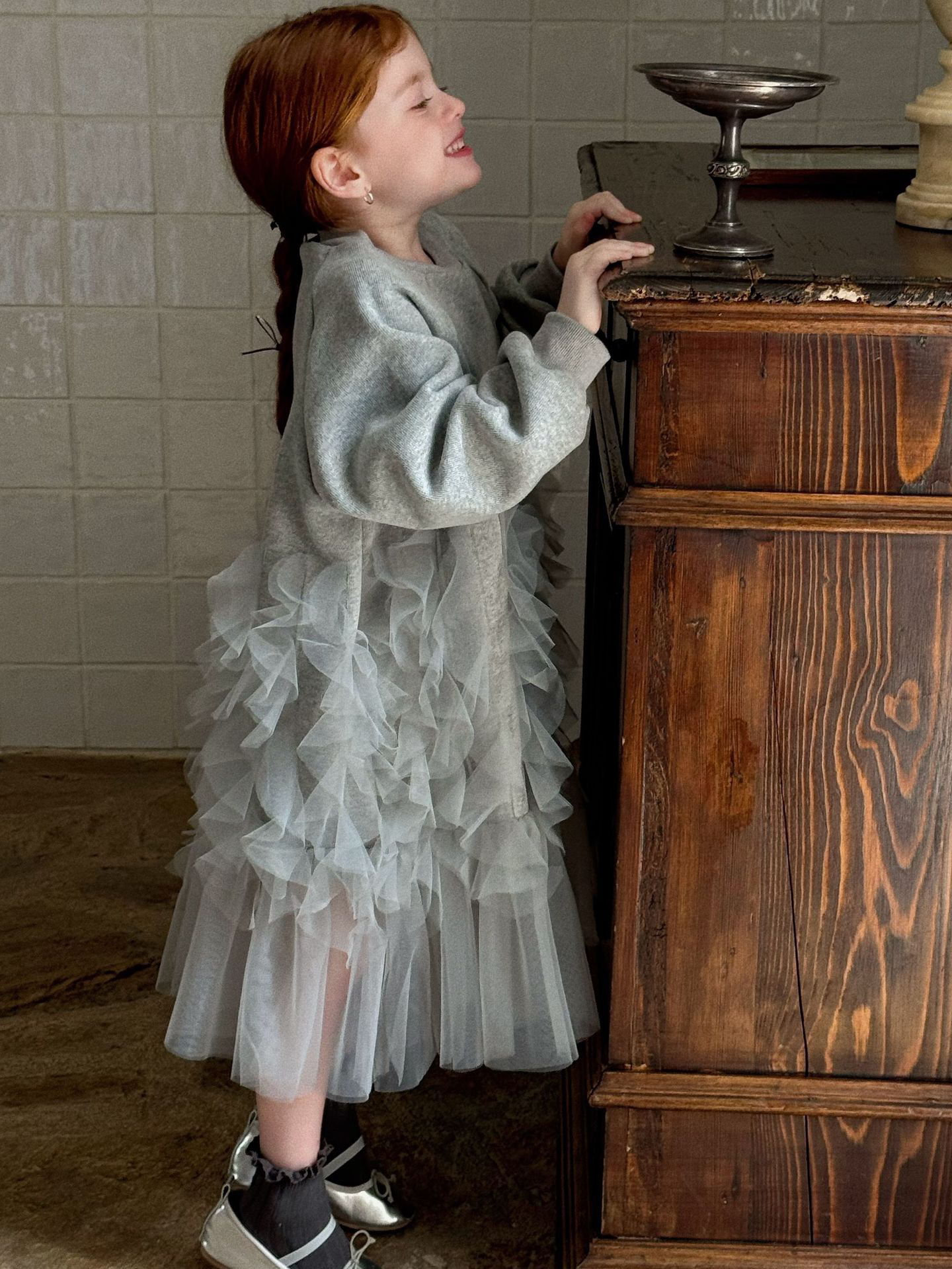 女童灰色拼接连衣裙2024秋季新款亲子灰色纱纱裙拼接连衣裙1286