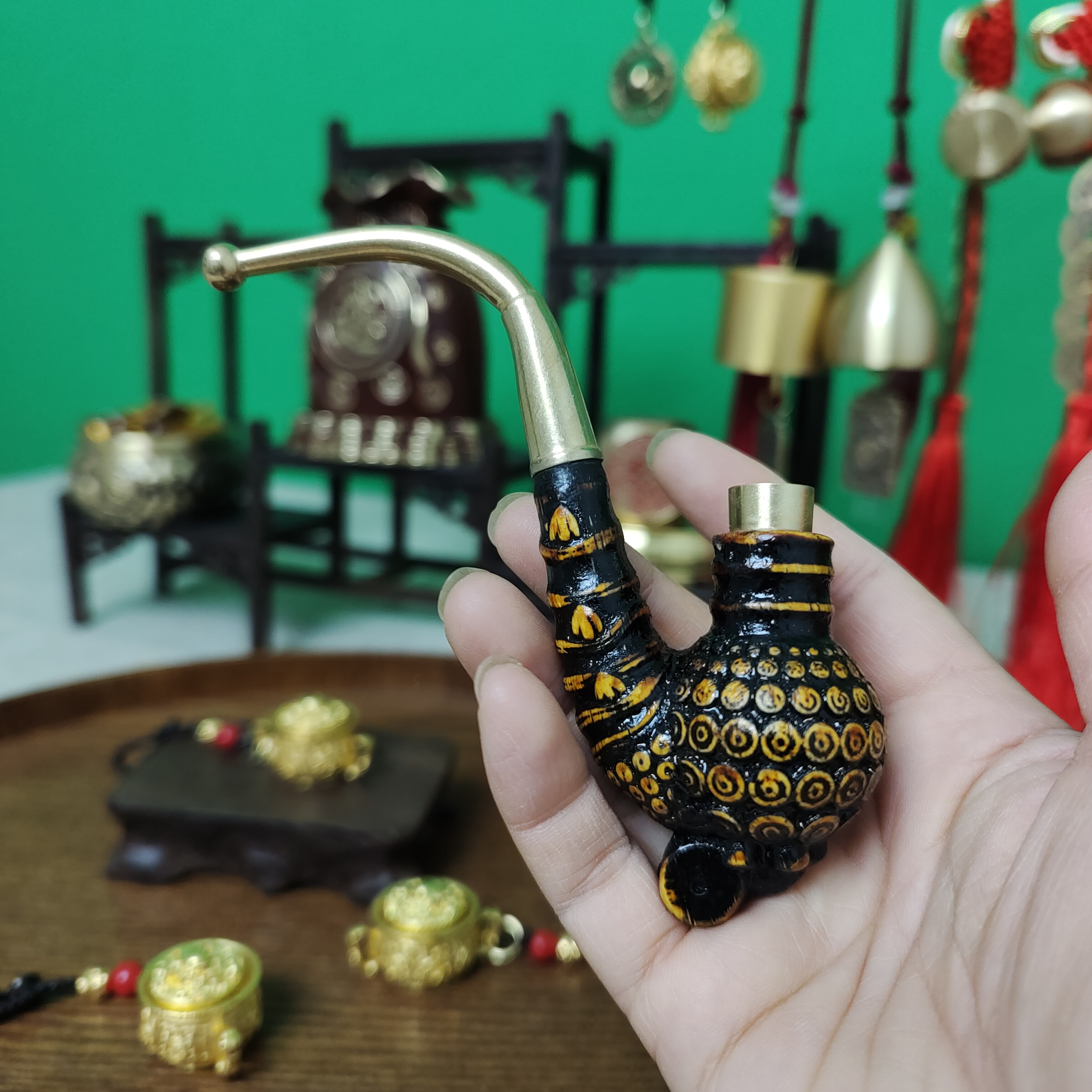 贵州民间烟斗实心竹雕刻黑色小一体一把抓三用火口手把件