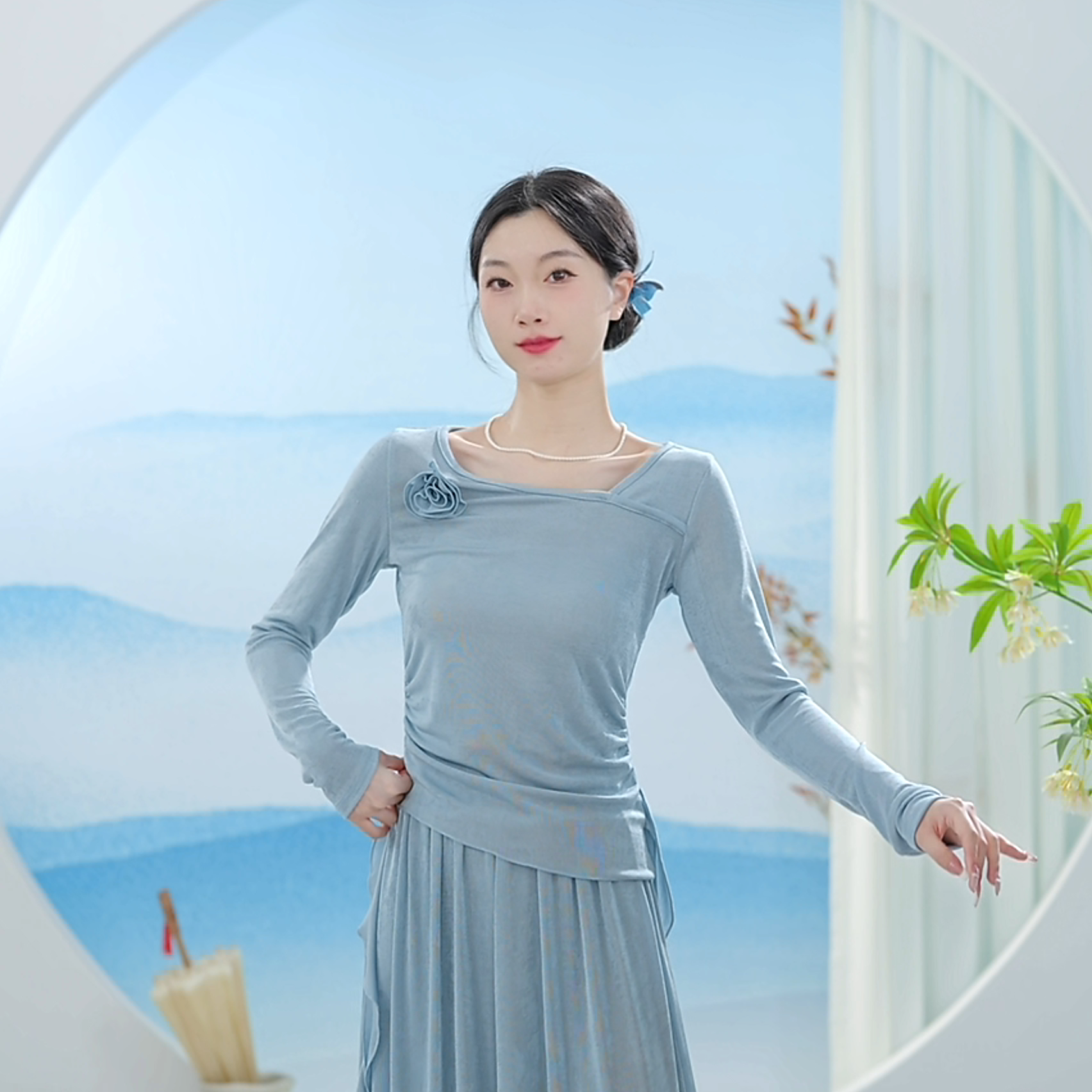 3493 D成人舞蹈服女款长袖花朵上衣练功新款日常跳舞专用中国古典