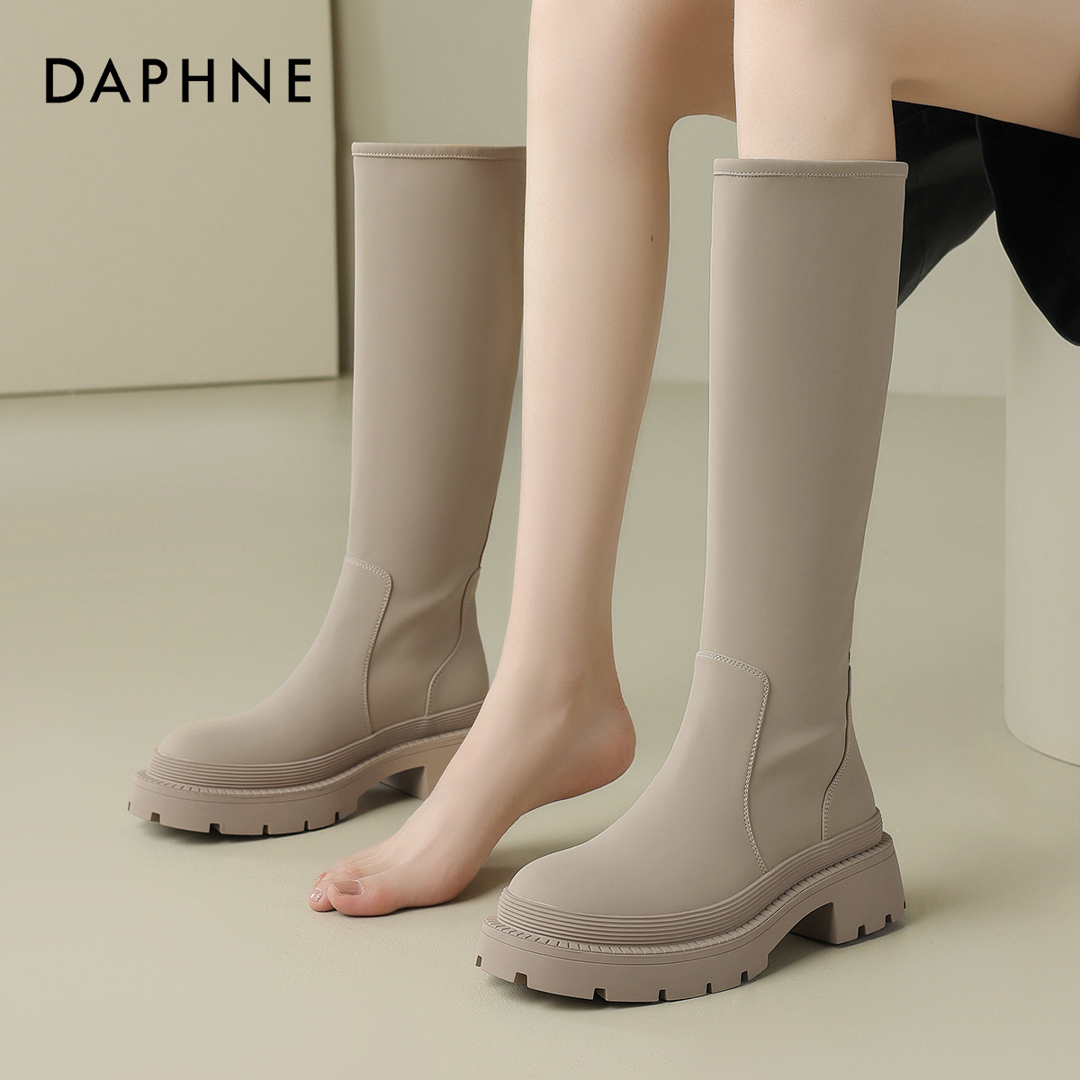 达芙妮粗腿厚底长筒靴女靴子2024新款秋冬高筒长统增高小个子长靴商品图