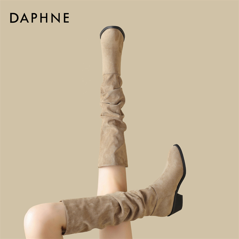 达芙妮尖头长靴女靴子2025新款春秋西部牛仔靴骑士高跟高筒雪地靴