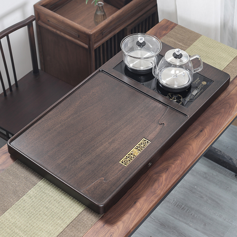 (年年有余 旭日东升) 乌檀木实木茶盘家用水壶底上水一体功夫茶台
