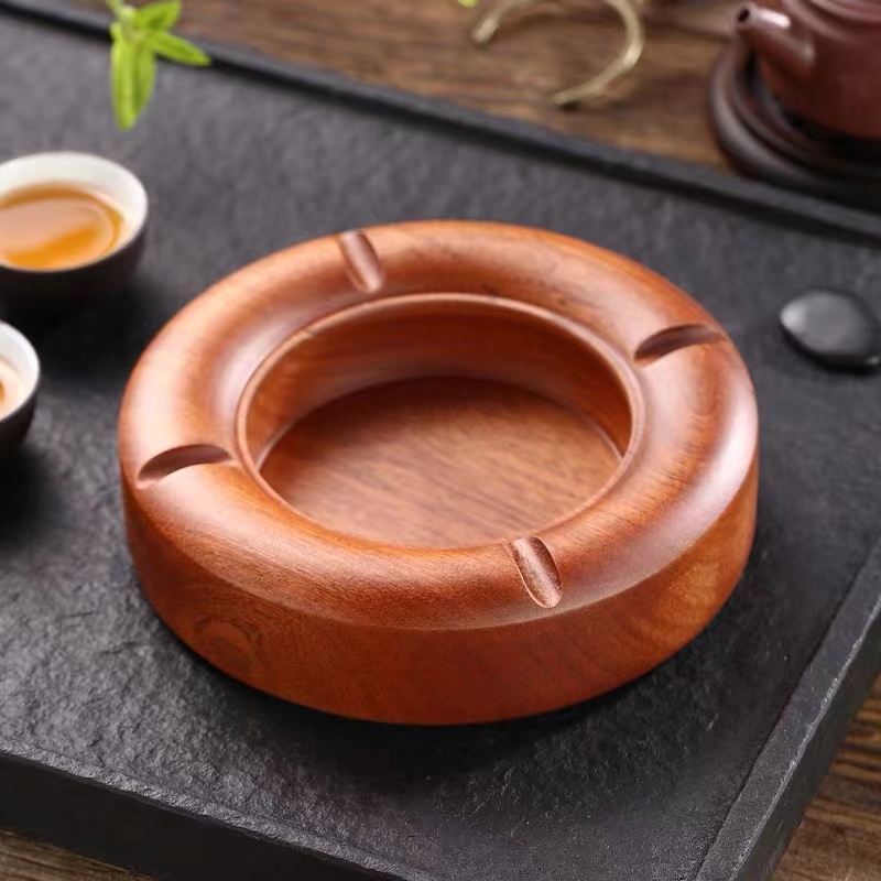 刚果实木圆形烟灰缸家用客厅装饰送礼品复古新中式实木定制