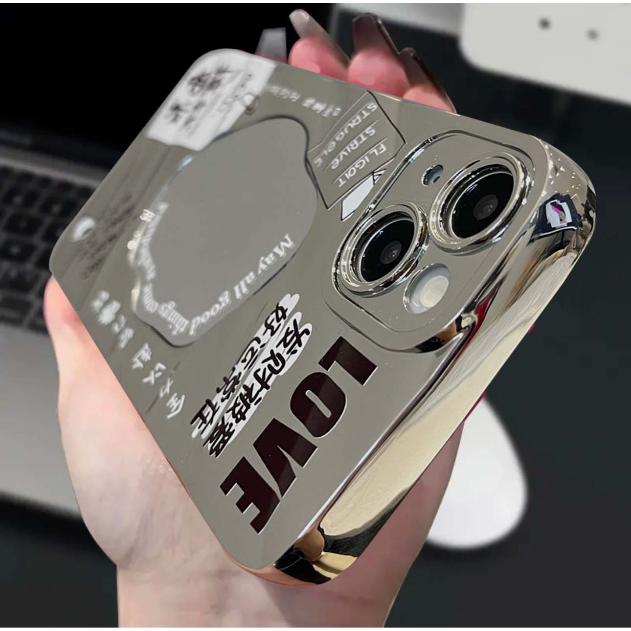 发财被爱水波纹镜子适用于苹果手机壳iphone15promax/12全包14pro
