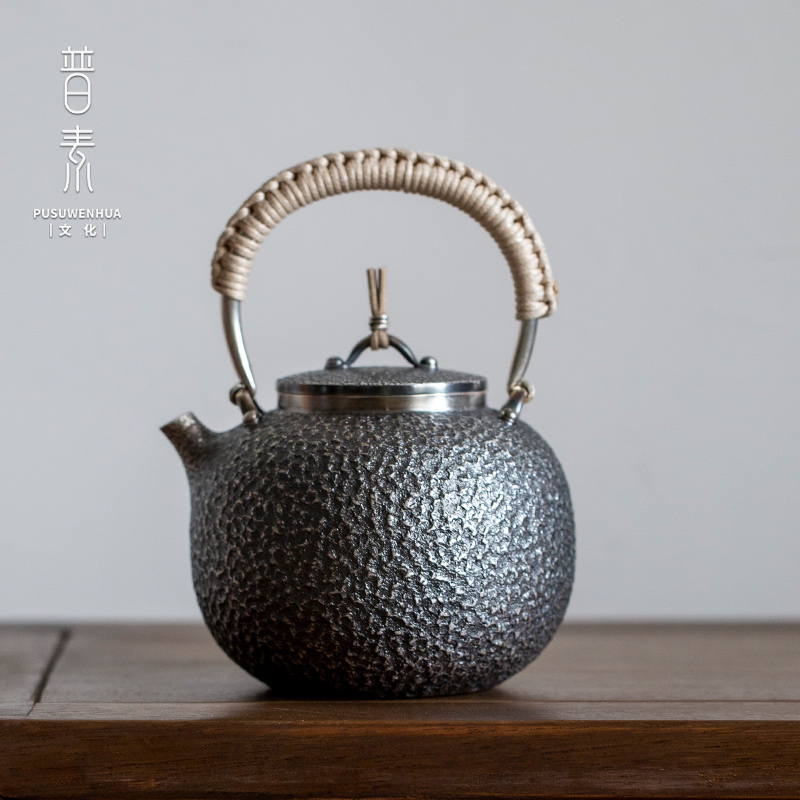 普素 1L煮水壶足银999闲情壶提梁壶烧水壶手工家用银茶壶功夫茶具