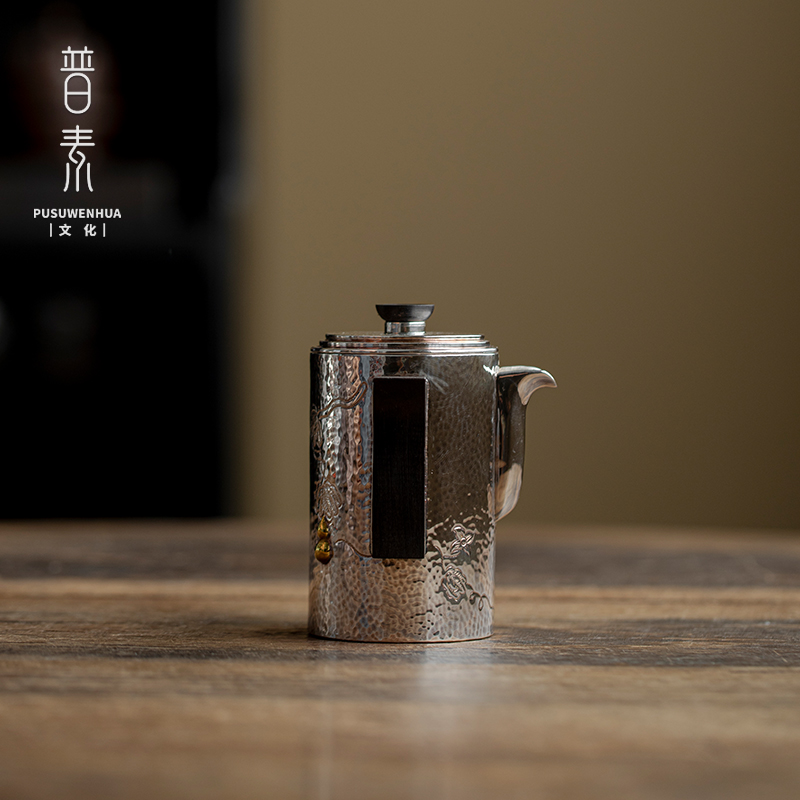 普素 足银999茶壶银泡茶壶 檀木防烫双耳手抓壶盖碗 便携旅行茶具