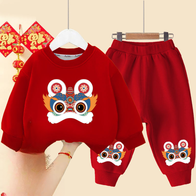 儿童套装冬季男女童加绒卫衣中国风2024龙年宝宝喜庆拜年服两件套