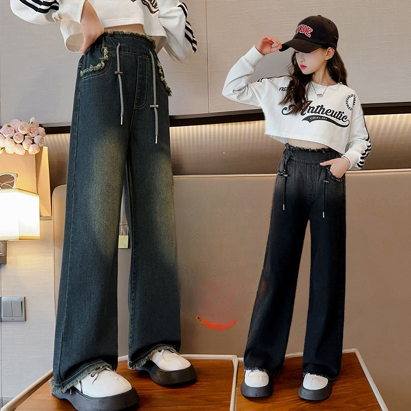 女童加绒加厚裤子2023秋冬新款洋气女孩加厚儿童高腰直筒休闲宽松