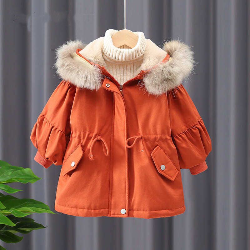女童冬装加绒派克服外套2023新款夹棉加厚棉内胆洋气宝宝中长款