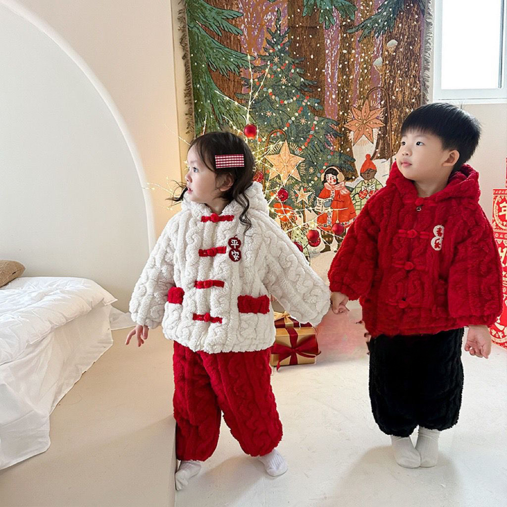 儿童款睡衣家居服套装三层夹棉男女童冬款年服睡衣宝宝冬睡衣保暖