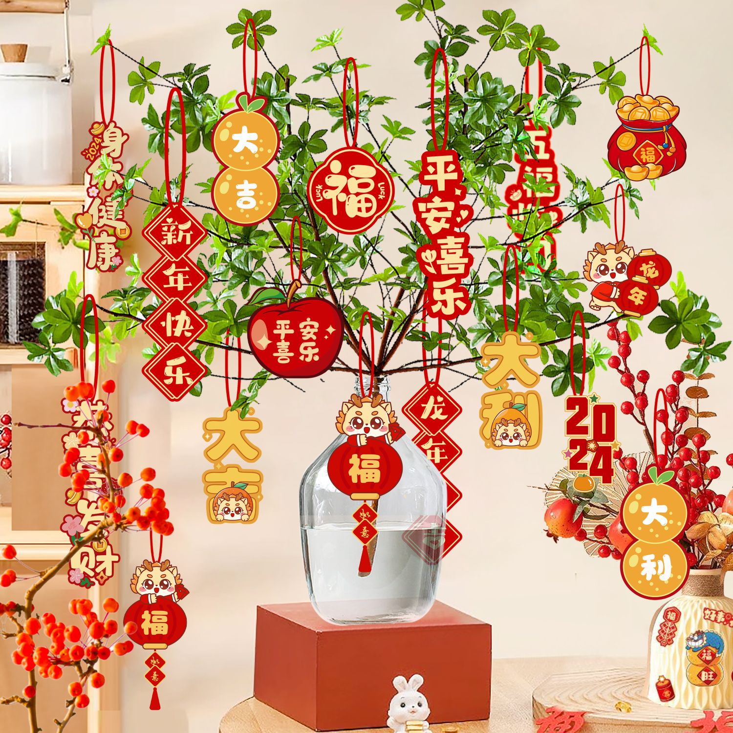 2024龙年新款新年装饰盆景挂件过年小红灯笼挂饰春节盆栽树上布置