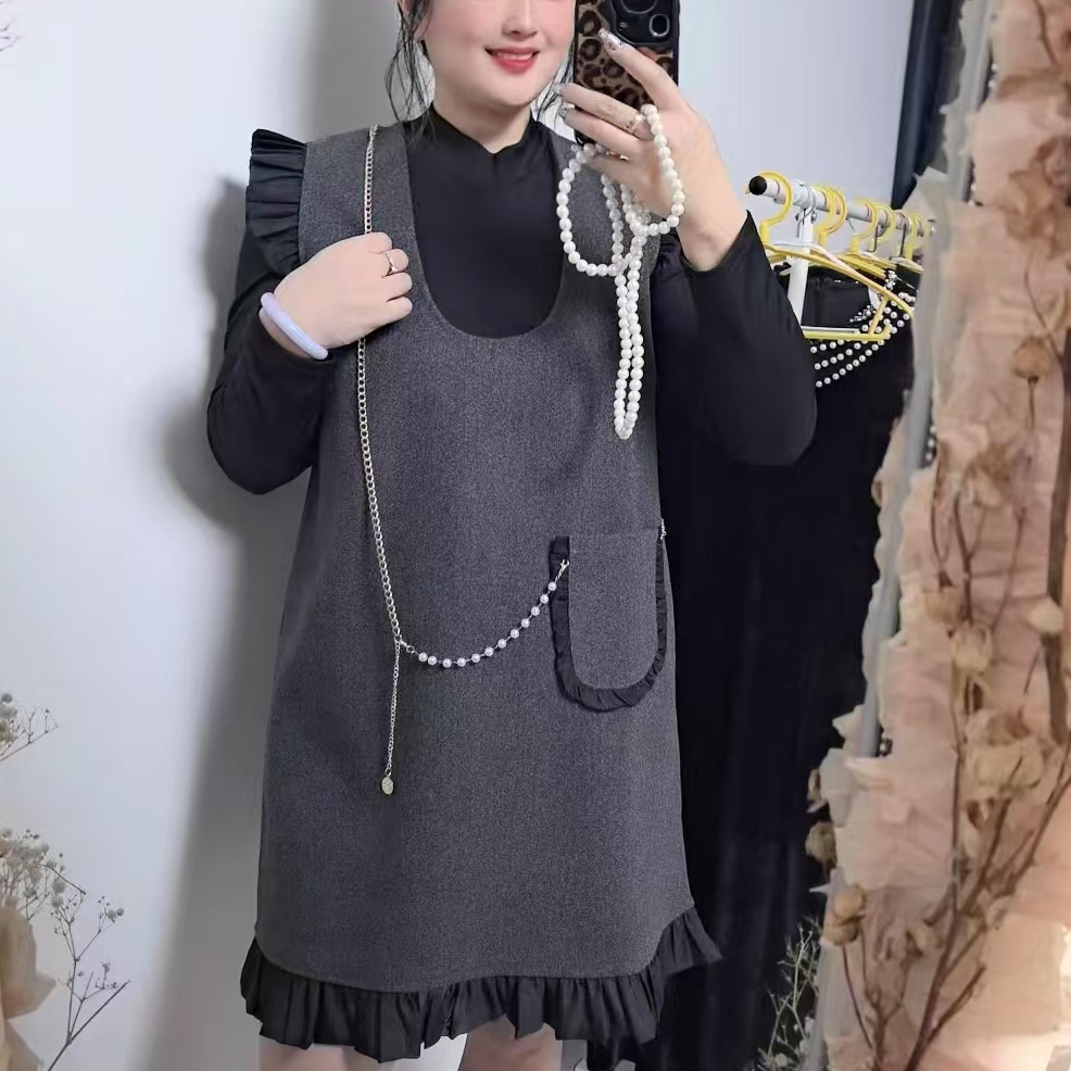 2352圆领长袖打底衫荷叶肩马甲裙两件套