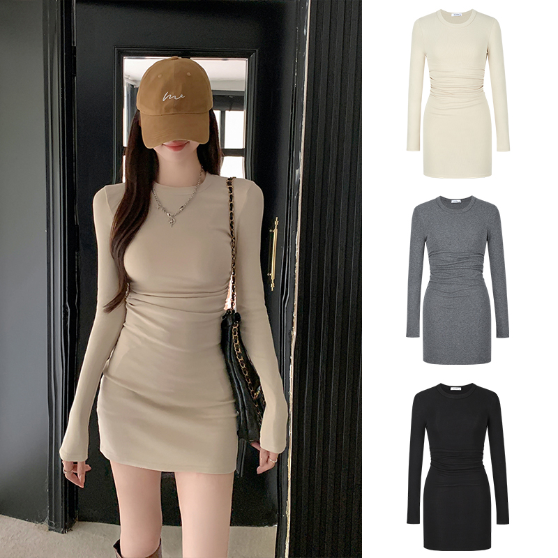 【运补6-8米】魔西女王收腰褶皱针织连衣裙女早秋修身长袖包臀短裙