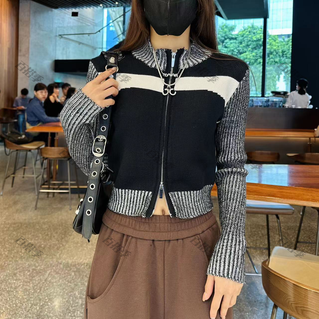 工厂店-早秋款2023新款撞色针织拼色气质设计感修身拉链毛针织衫