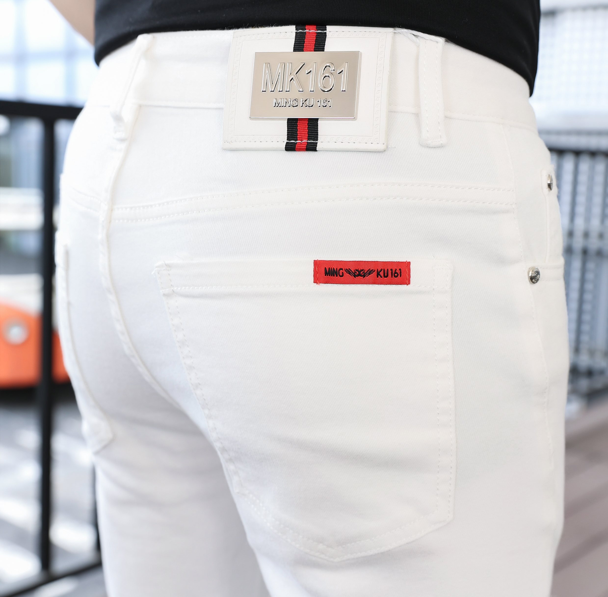 【2高端轻奢】九分破洞时尚潮流修身弹力小脚白色男士牛仔裤