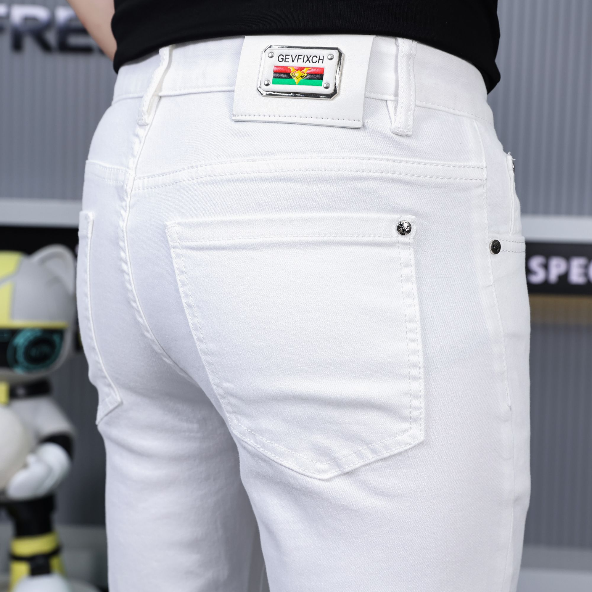 【2高端定制】韩版轻奢时尚潮流修身弹力白色男士牛仔裤