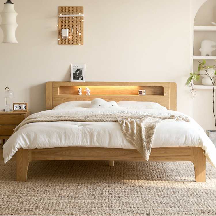 夜光床卧室北欧原木风1.5/1.8米全实木床简约大床主卧室次卧夜灯