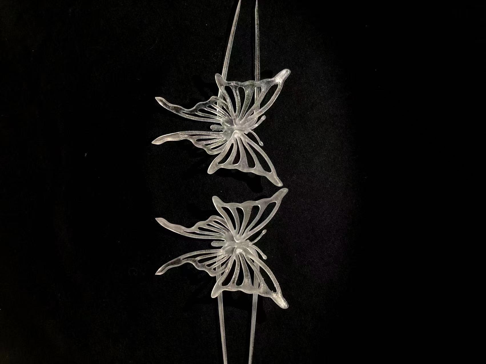 宝蝶记3D打印蝴蝶成品一对透明水波纹汉服走秀网红