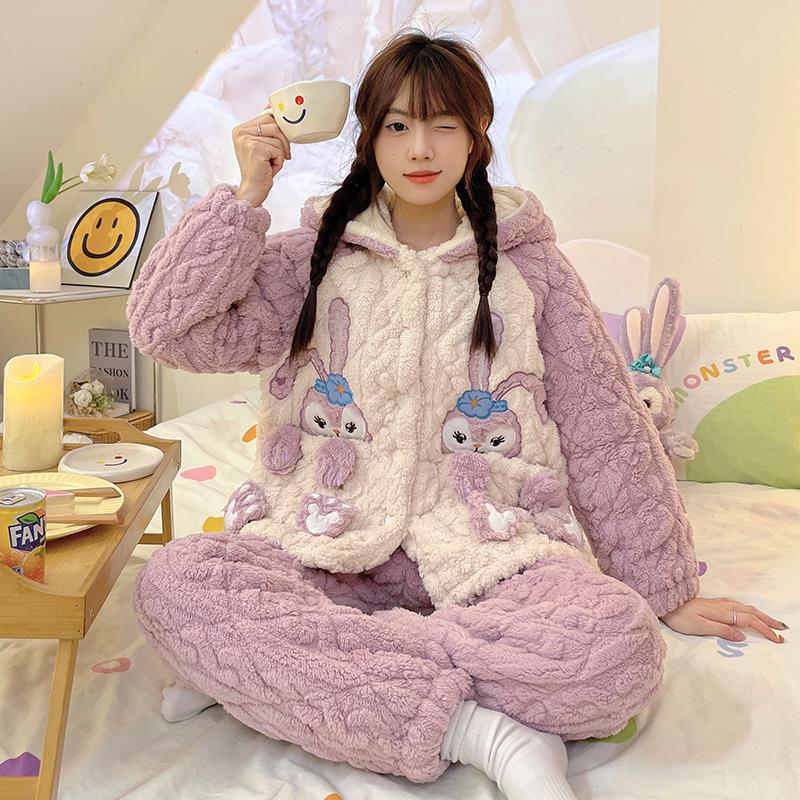 FAVMARTHA冬季三层夹棉睡衣女珊瑚绒加厚保暖冬款连帽家居服卡通