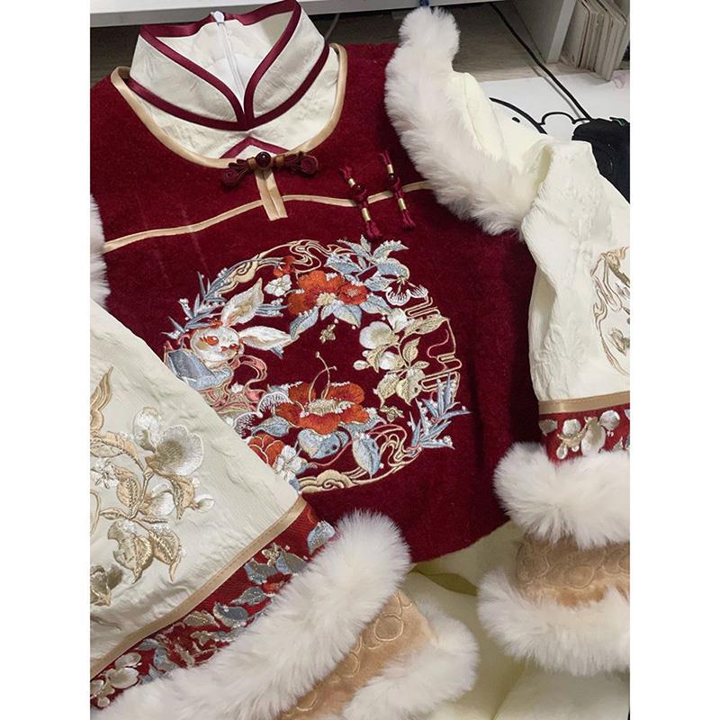 FAVMARTHA2024秋冬新款改良汉服套装女国风新中式马甲旗袍红色喜