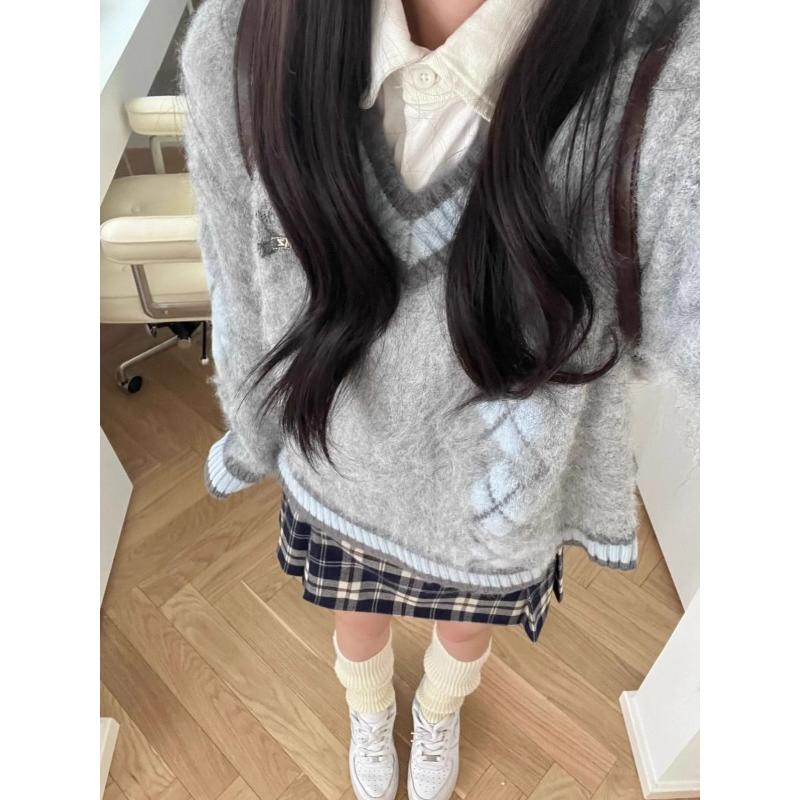 学院风软糯V领毛衣女秋冬2023新款宽松慵懒百搭套头针织衫上衣