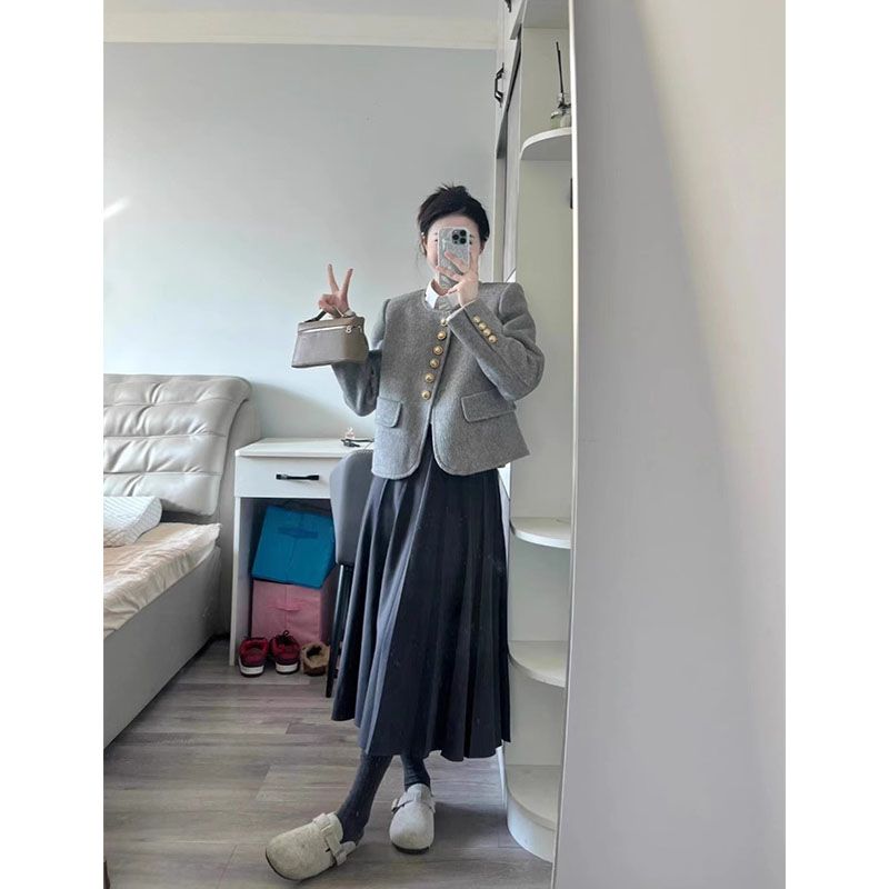 套装女2023秋冬新款韩版高级感小香风毛呢短外套高腰半身裙两件套