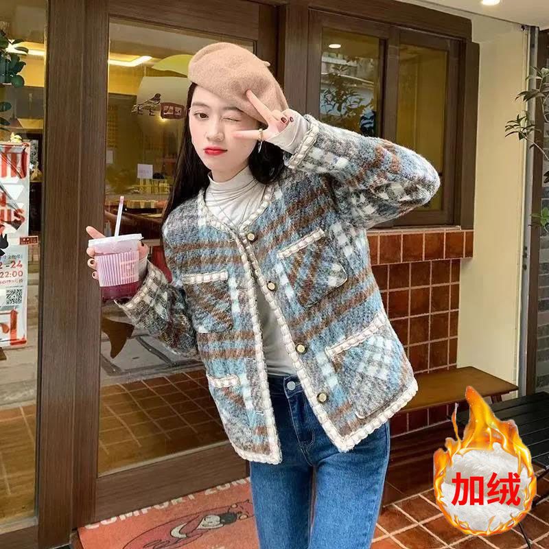 小香风短外套女2023冬季新款小个子百搭显瘦格子加绒加厚毛呢上衣