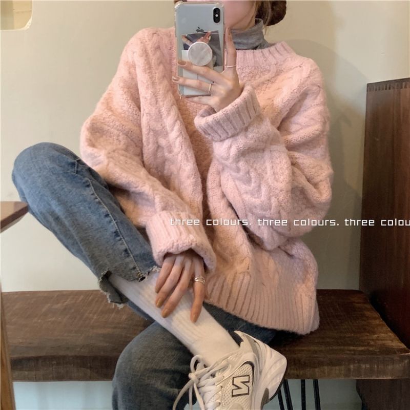 加厚圆领麻花毛衣女2023新款秋冬季外穿慵懒风宽松粉色针织上衣韩