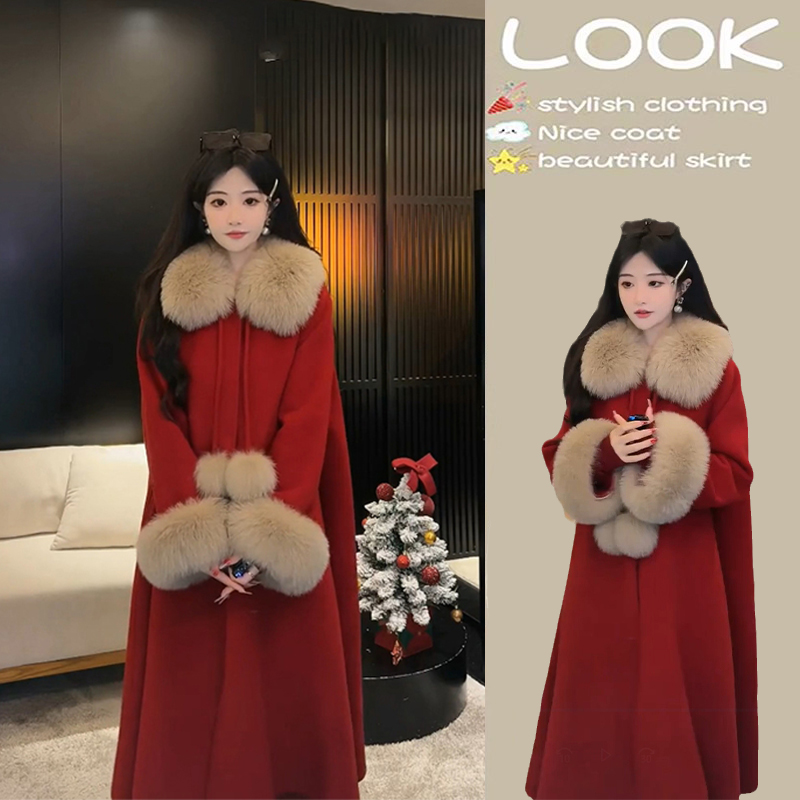 2023冬季新年战袍红色斗篷毛呢外套女秋冬季加厚中长款高级感大衣