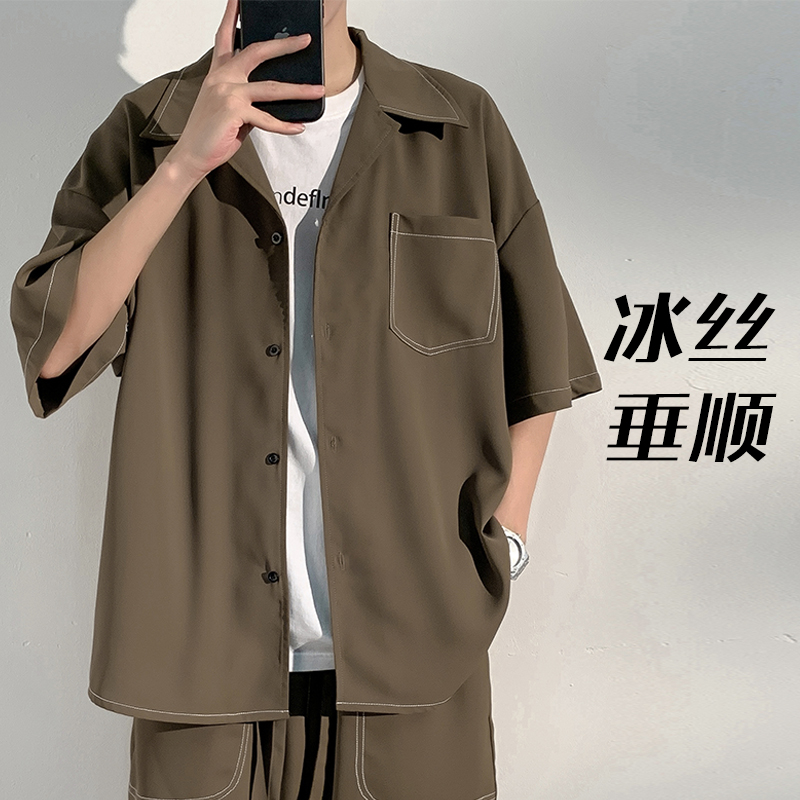 潮流宽松痞帅百搭七分袖夏季大码短袖衬衫男薄垂感寸衫套装货号T