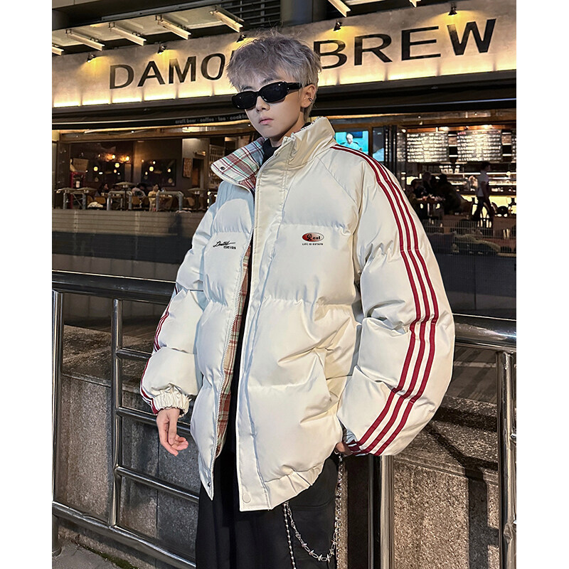 美式复古三条杠羽绒服男生冬季格子刺绣面包棉服立领小众加厚外套