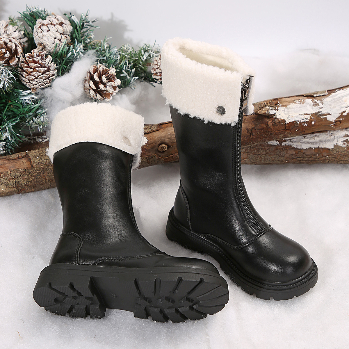 女童高帮小羊羔长靴2024冬季新款儿童英伦风加绒马丁靴女孩公主靴