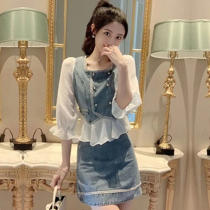 小个子可甜可盐牛仔裙两件套女早秋炸街时尚减龄短裙套装半身裙潮