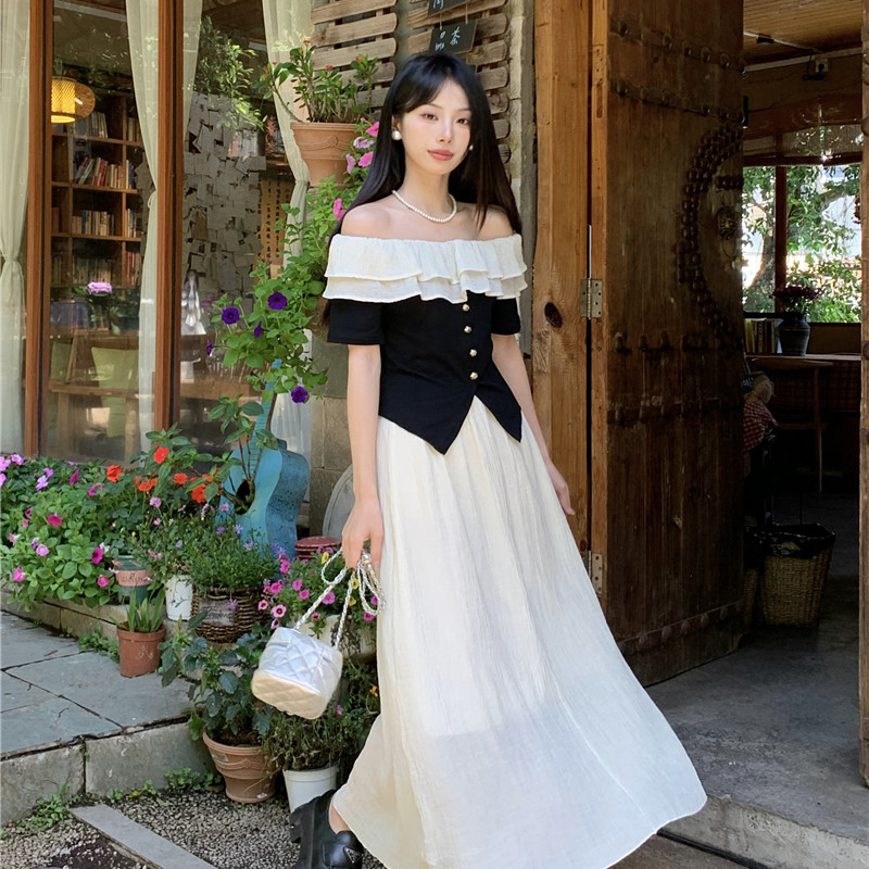 夏季纯欲性感辣妹风小洋装法式一字肩短袖荷叶边收腰显瘦针织上衣