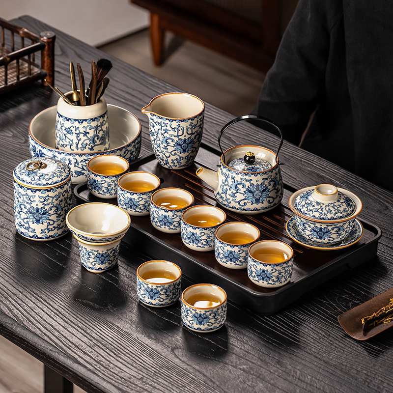 2025新款青花汝窑功夫茶具套装家用轻奢高档盖碗泡茶壶喝茶杯中式