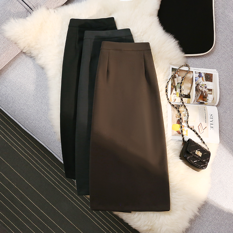 加厚毛呢西装半身裙女秋冬小个子高腰显瘦一步开叉a字包臀中长裙