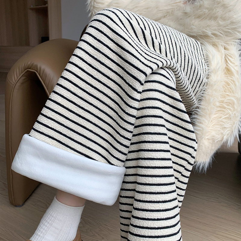 加绒条纹毛巾阔腿裤女秋冬2024新款高腰显瘦软糯慵懒休闲拖地裤女