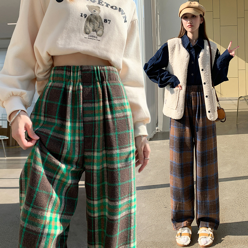 格子裤女2024秋冬新款高腰窄版显瘦休闲拖地毛呢垂感直筒阔腿裤女