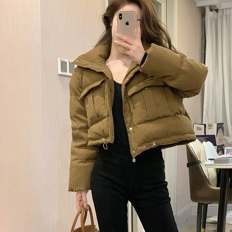 棕咖色短款2024冬季韩版小个子加厚时尚格纹面包服外套女
