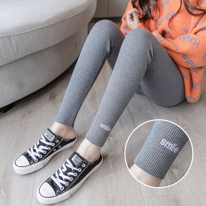 2024冬季加绒打底裤女外穿九分裤螺纹棉刺绣字母松紧腰小脚紧身裤