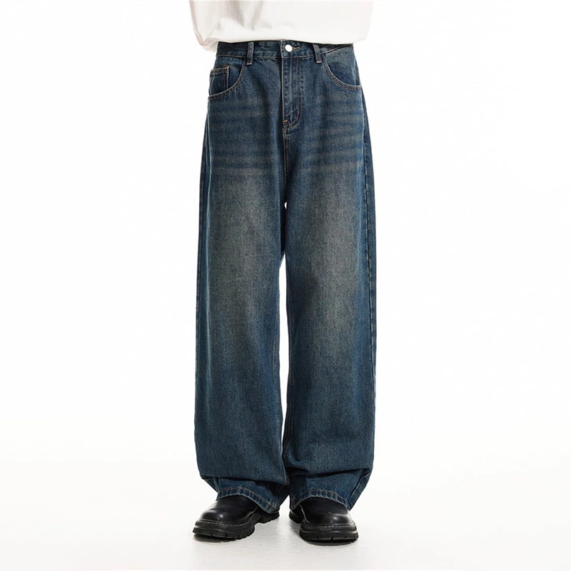 Voguo Relay秋冬加绒加厚蓝色时尚百搭直筒牛仔裤男款男女阔腿裤