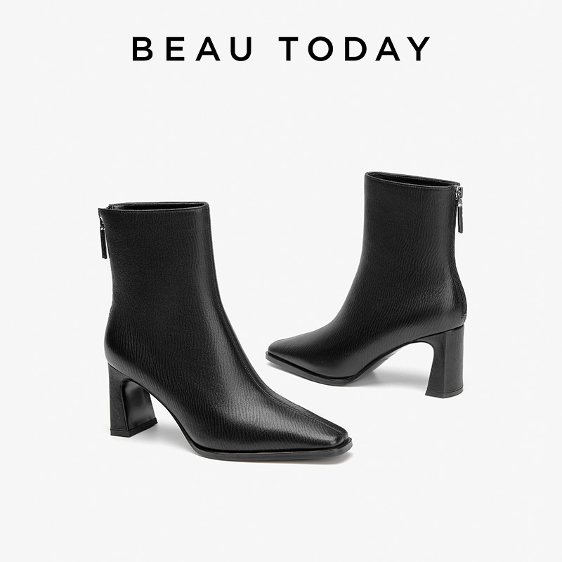 BeauToday高跟短靴女英伦切尔西靴女中筒真皮烟筒靴女